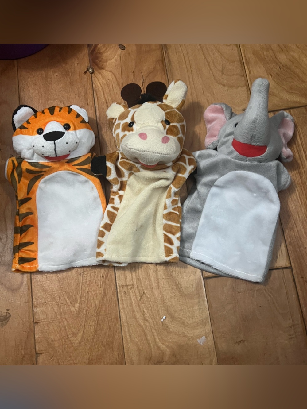 Plush Elephant, Giraffe, & Tiger Hand Puppet Set - Grey & Brown